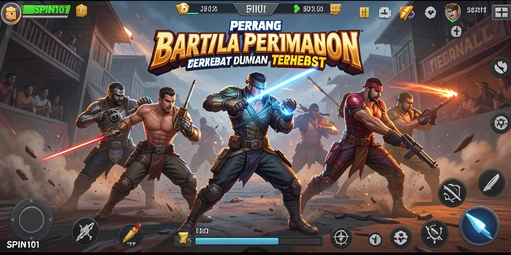 Screenshot utama SPIN101 menampilkan aksi pertempuran intens di arena Battle Royale.