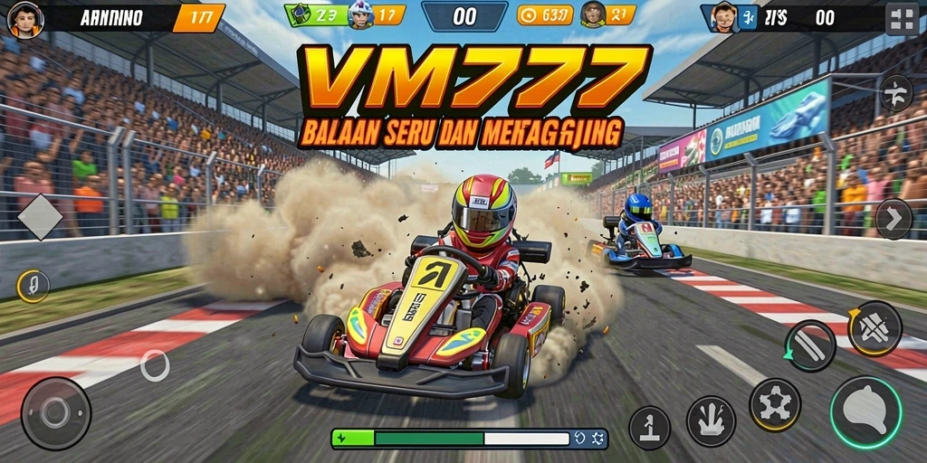 Screenshot gameplay VM777 menampilkan balapan mendebarkan di trek yang berwarna-warni.
